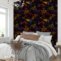 Dramatic floral wallpaper with gothic charm.