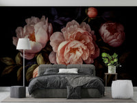 Dramatic heritage wallpaper with floral accents.

