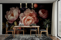 Moody floral wall mural in dramatic heritage style.

