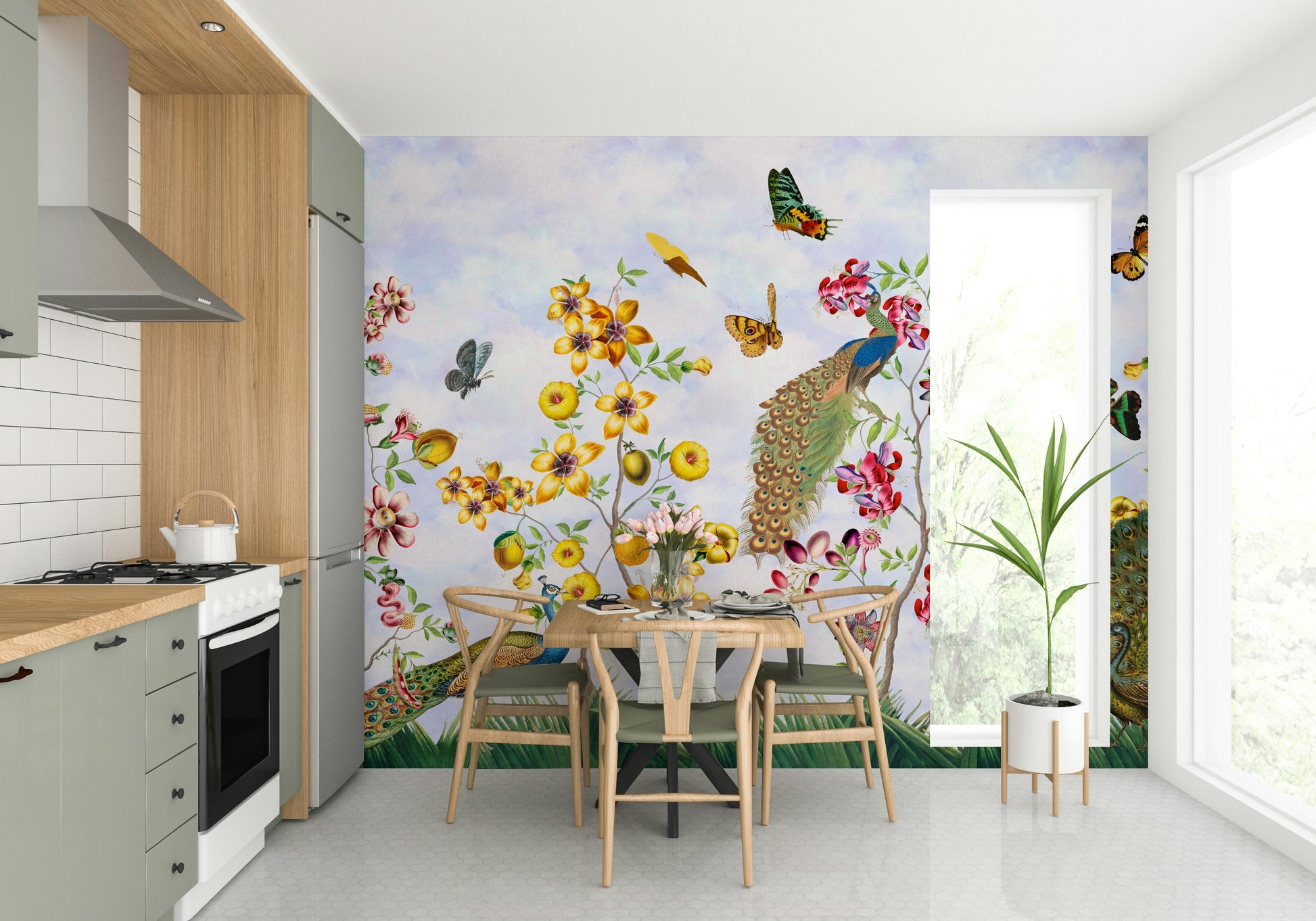 Beautiful Vintage Peacocks in a Lush Garden Mural Design

