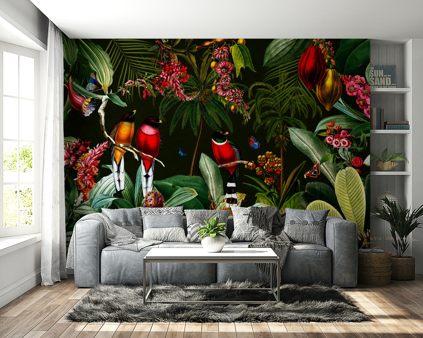 Vintage night mural showcasing tropical beauty.


