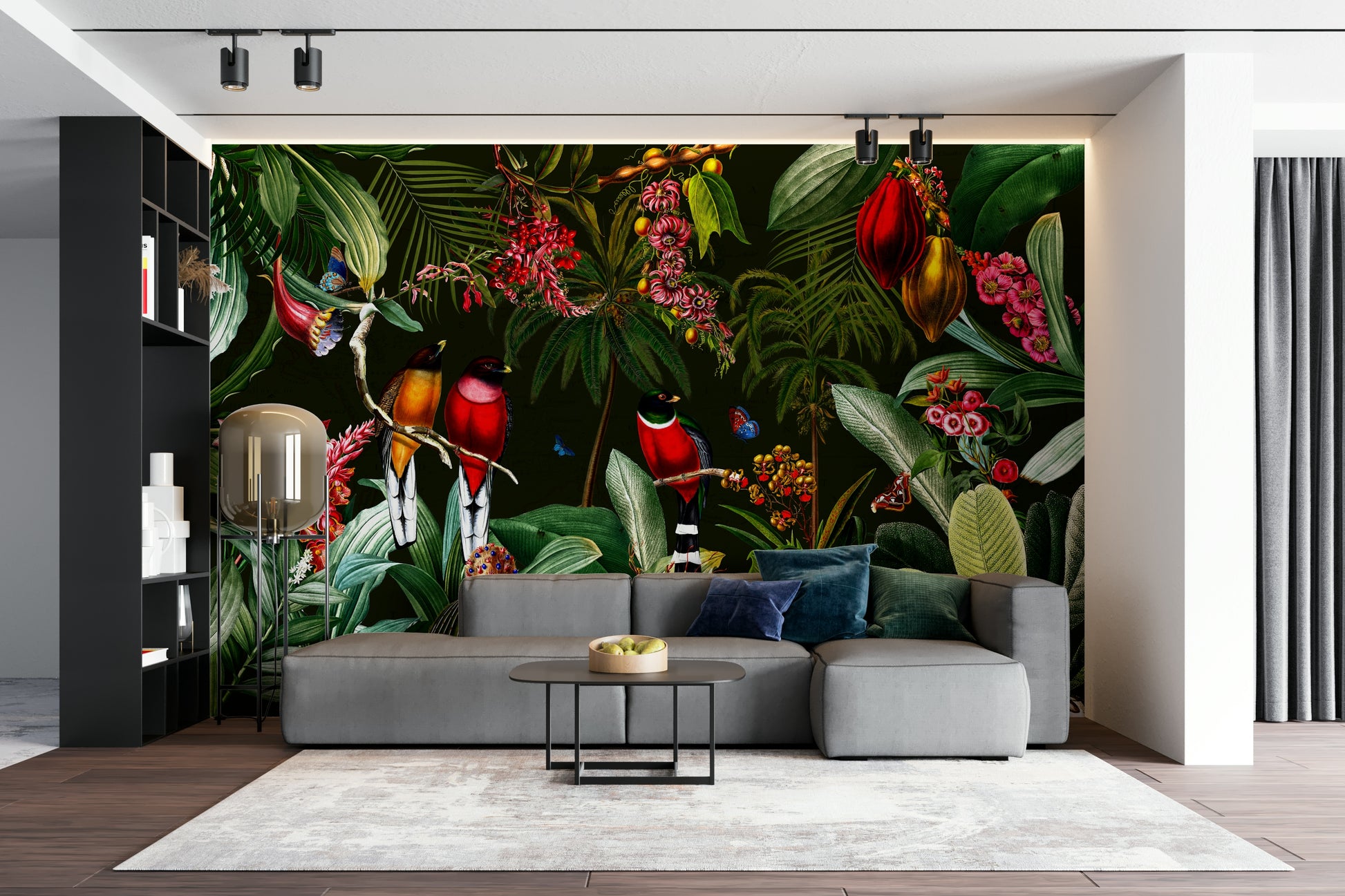 Vintage paradise mural with tropical leaves and stars.

