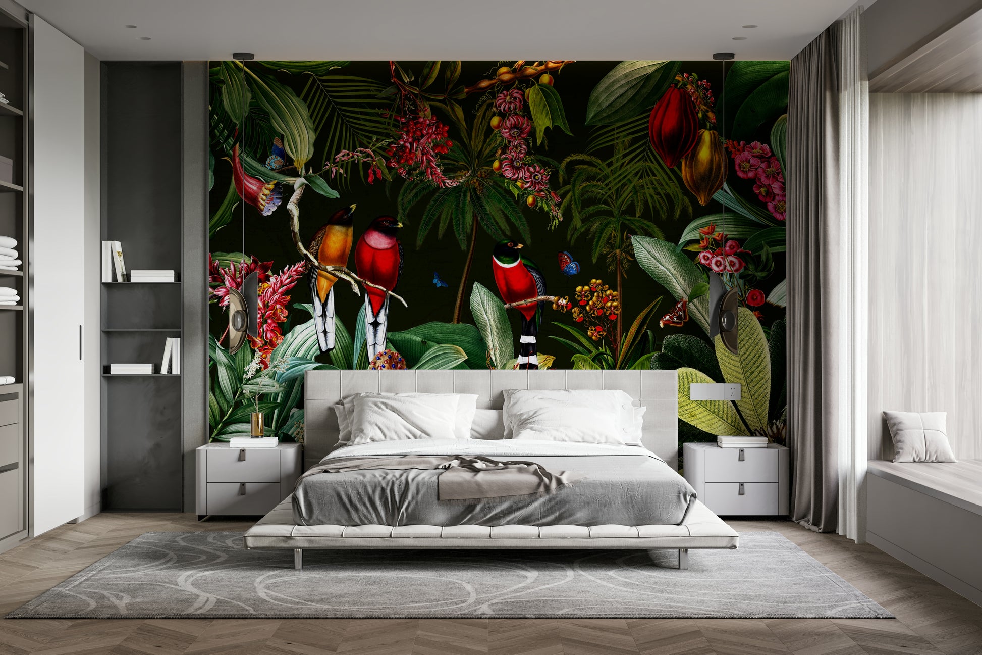 Retro-inspired tropical mural with a paradise theme.


