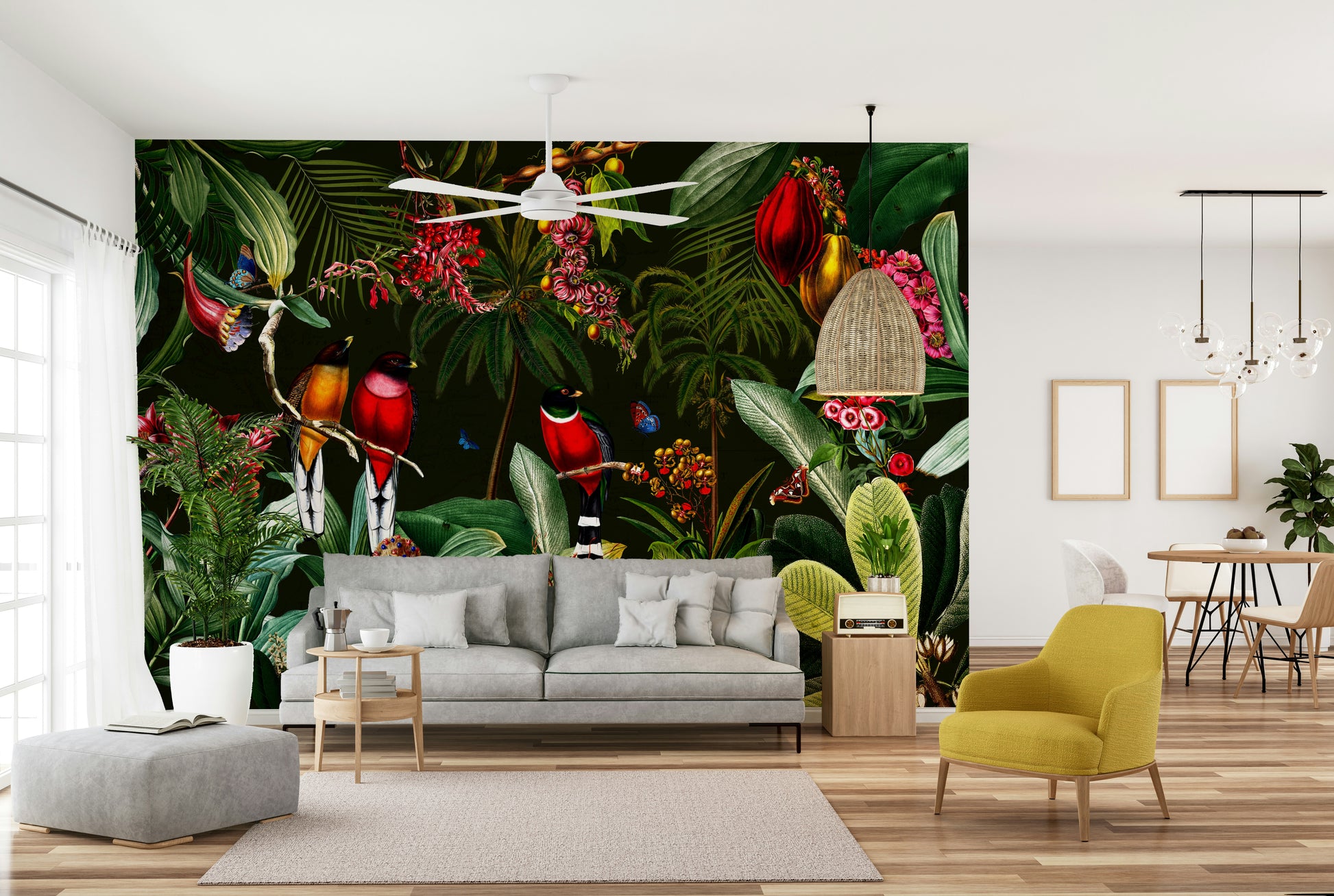 Lush tropical leaves and vintage night sky mural art.

