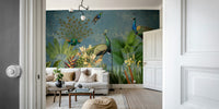Vintage peacock mural for an exotic home aesthetic.