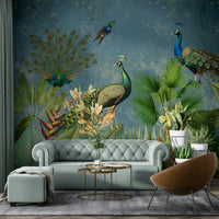Elegant peacock mural with vintage charm for walls.