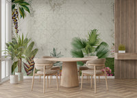 Vintage botanical mural featuring green leaves and vibrant flowers

