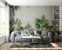 Lush green plants and flowers on vintage-style mural wall

