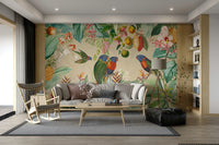 Vintage tropical mural featuring lush landscapes and fauna.


