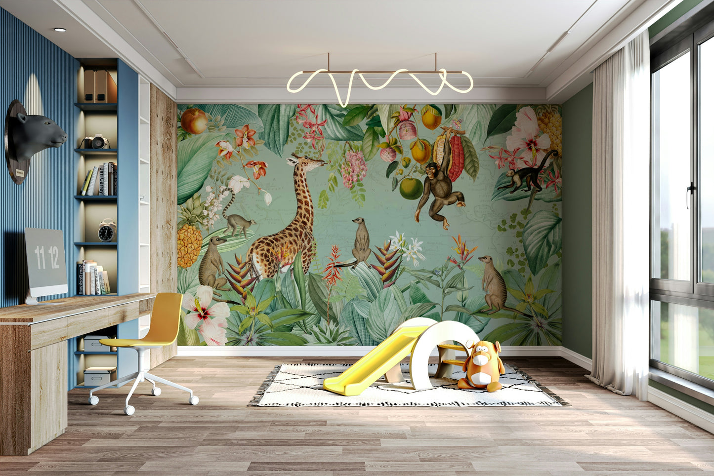 Exotic jungle mural with vintage expedition vibes.

