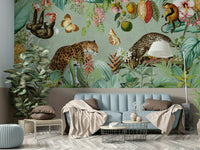 Vibrant tropical wall mural with a vintage explorer theme.

