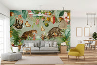 Vintage-style tropical mural featuring palm trees and greenery.

