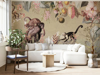 Vintage-inspired botanical mural with tropical plants.

