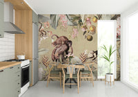 Warm vintage botanical mural with detailed foliage.

