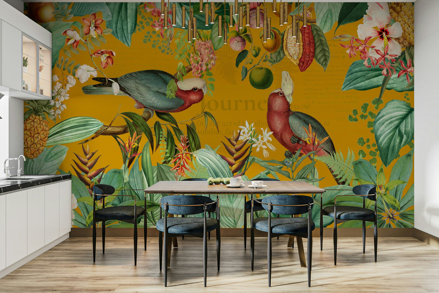 Tropical forest mural with birds

