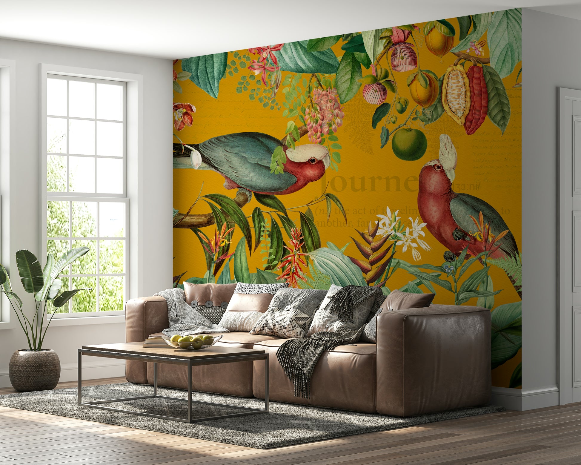 Retro tropical mural featuring lush green foliage