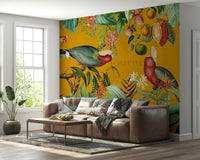 Retro tropical mural featuring lush green foliage