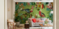 Detailed vintage tropical mural with wild animals.

