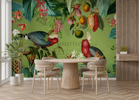 Nature-inspired tropical mural with vintage elements.

