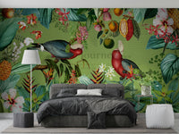 Tropical wildlife mural with vintage tones and textures.

