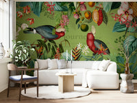 Vintage tropical wildlife journey mural for home decor.

