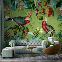 Tropical wildlife journey mural with vintage design.

