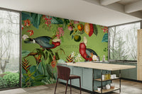 Retro-inspired tropical mural with wildlife scenery.

