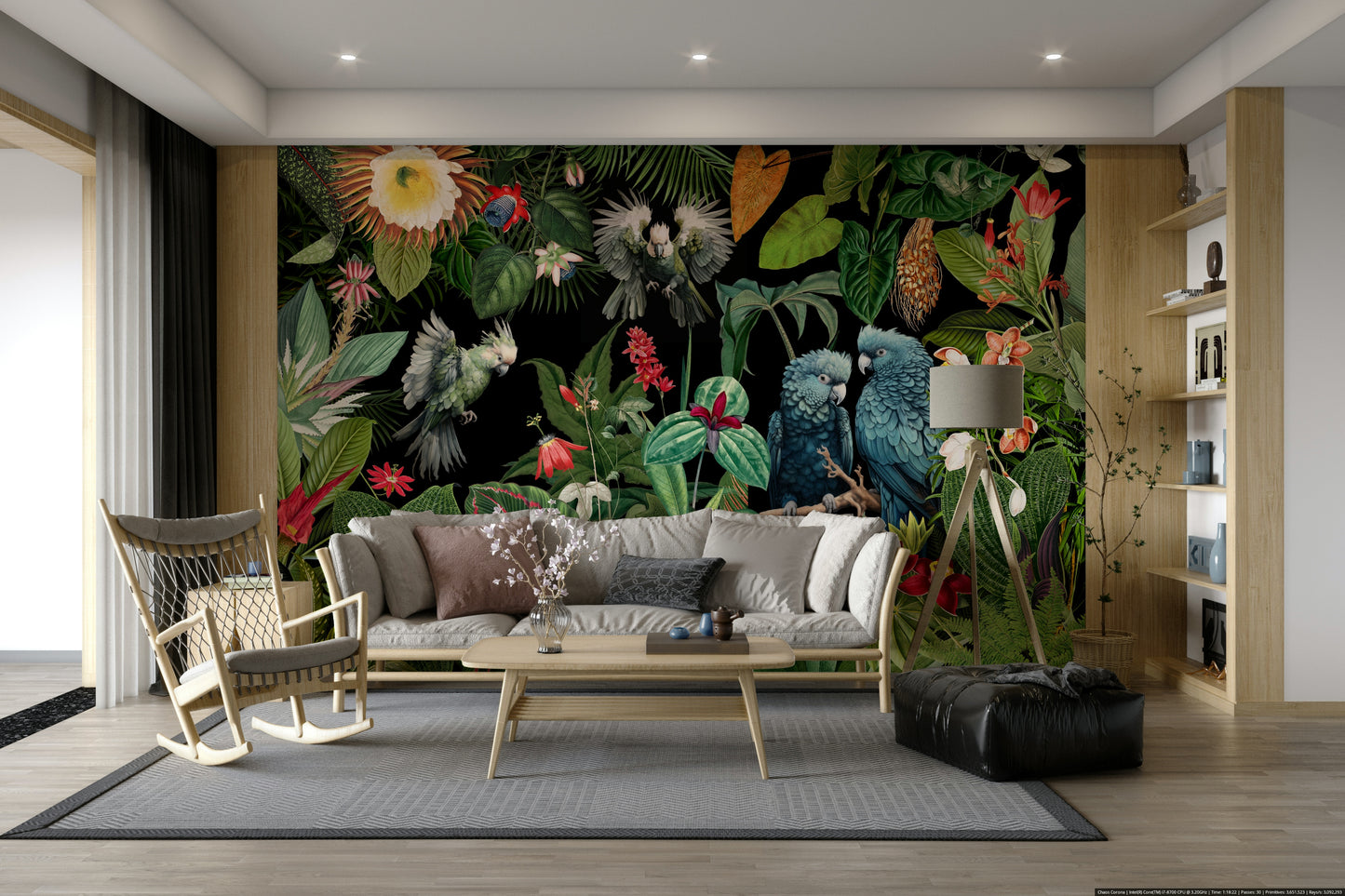 Vintage tropical paradise mural with vibrant greenery.

