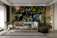 Vintage tropical paradise mural with vibrant greenery.

