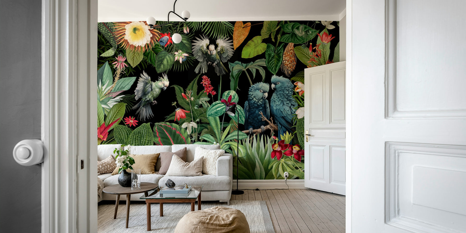 Retro tropical wall mural with lush greenery and palm trees.

