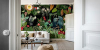 Retro tropical wall mural with lush greenery and palm trees.

