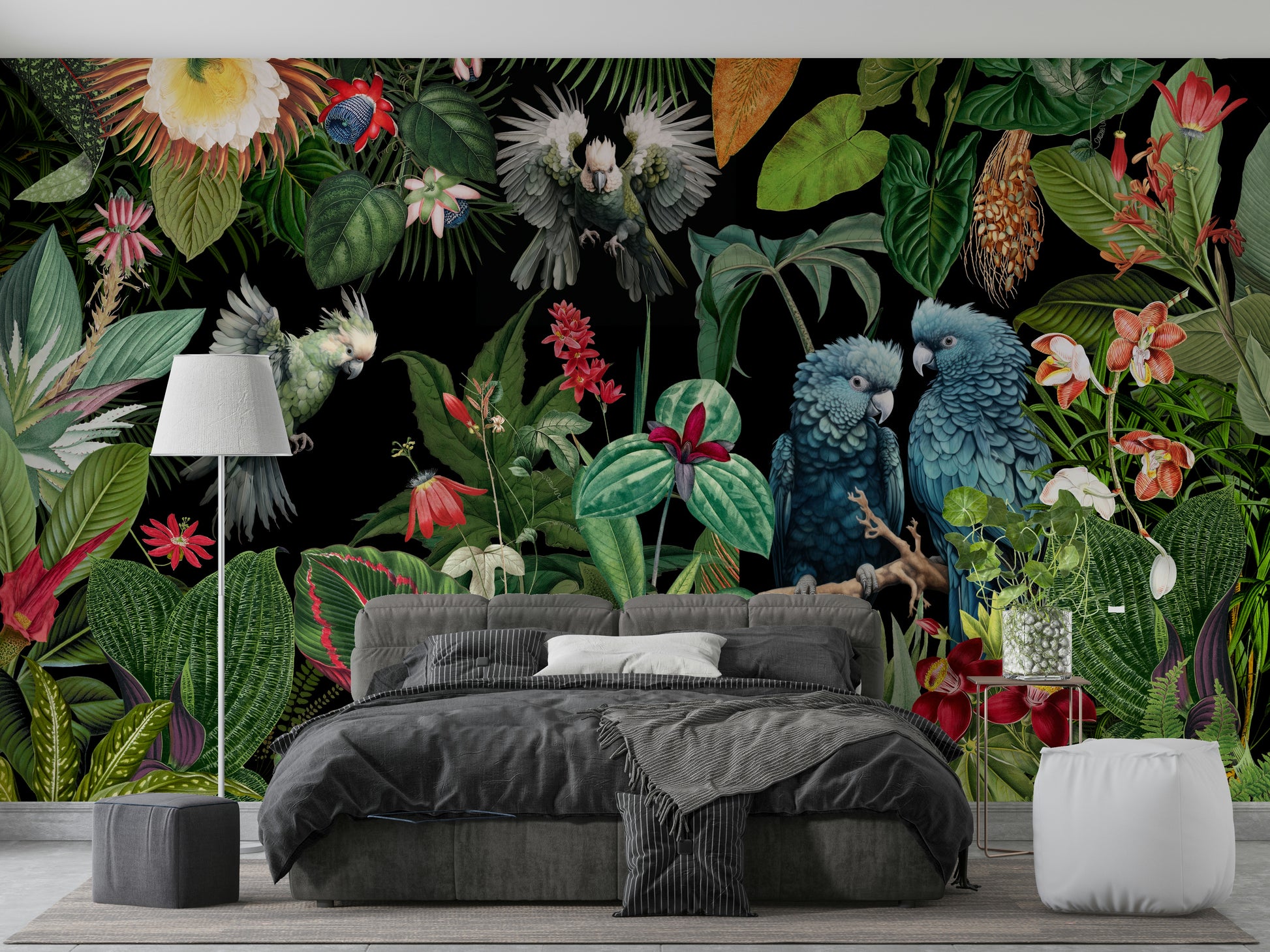 Lush tropical vintage collage mural for stylish walls.

