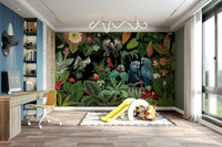 Tropical collage mural featuring lush, vintage-inspired design.

