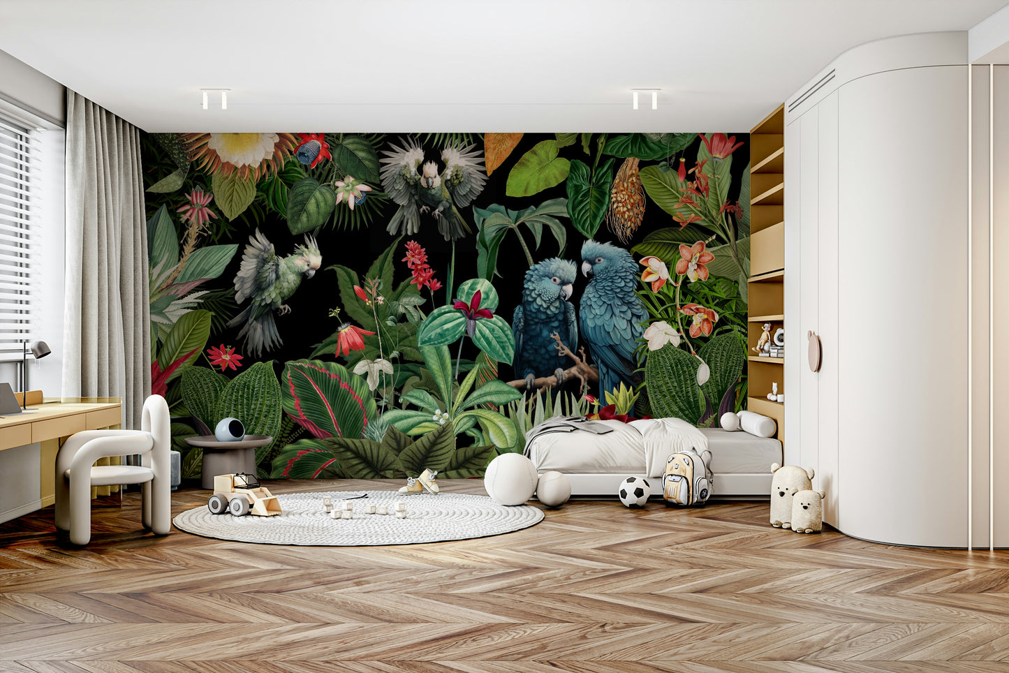 Vibrant vintage tropical wall mural for living room decor.


