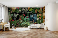 Vibrant vintage tropical wall mural for living room decor.

