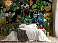 Bold tropical mural design featuring vintage collage style.

