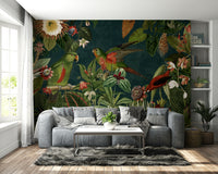 Retro Tropical Garden Wall Mural with Floral Elements

