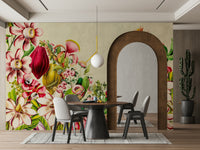 Vintage Garden Mural in Crimson & Cream Shades

