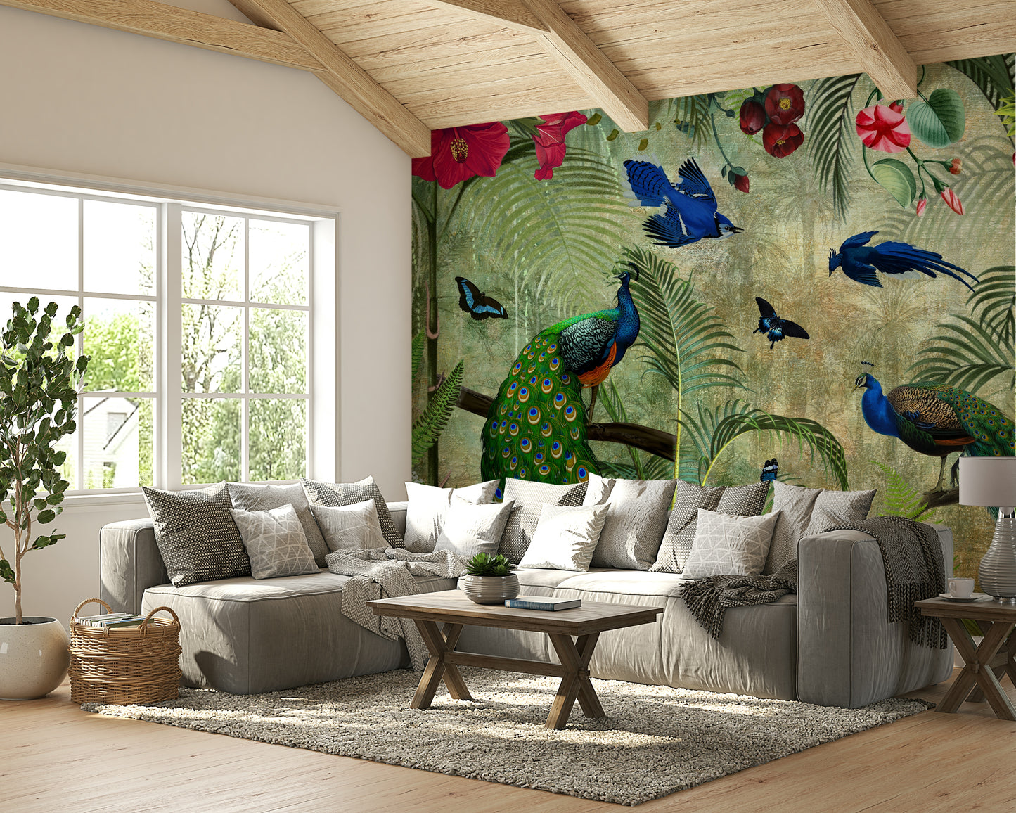 Vintage peacock mural with tropical flair

