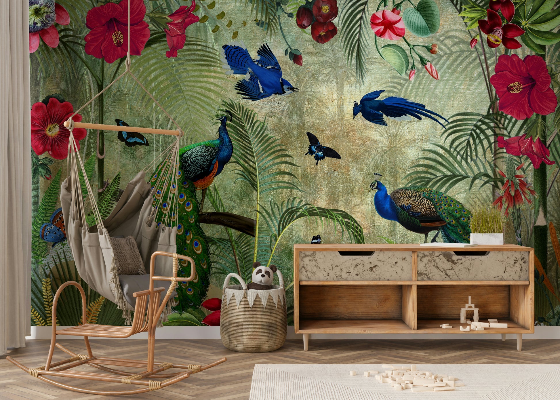 Elegant tropical peacock wall mural for homes

