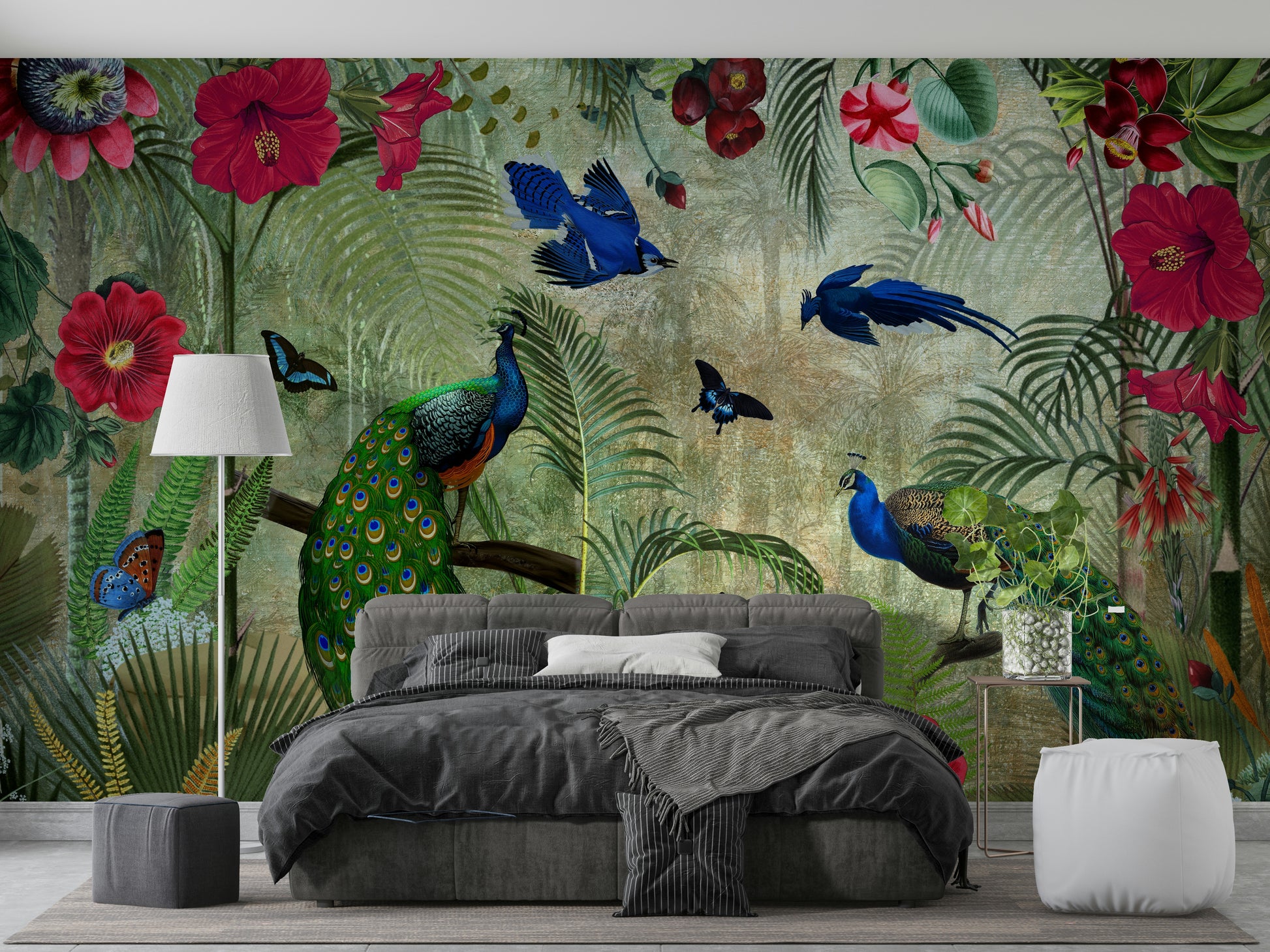 Bright vintage peacock mural with tropical accents

