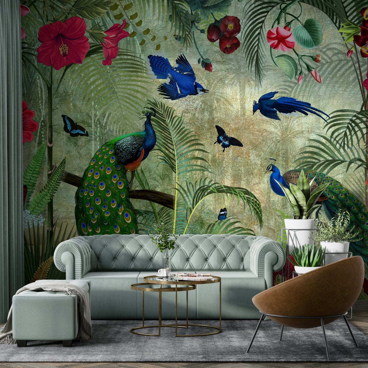 Vibrant vintage peacock tropical mural for walls

