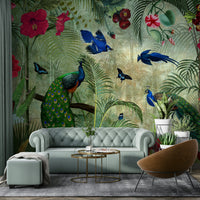 Vibrant vintage peacock tropical mural for walls

