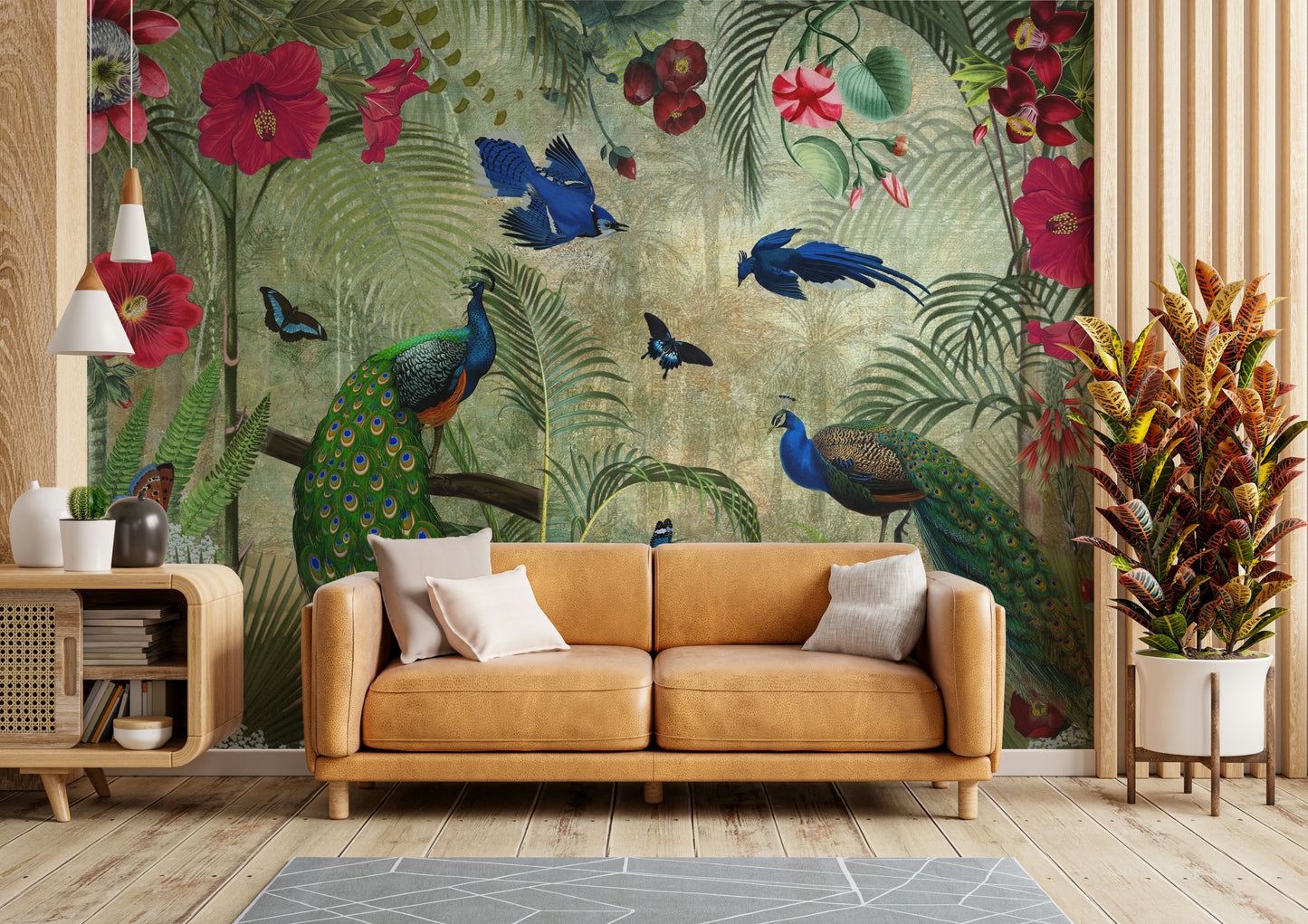 Vintage-inspired tropical peacock wall art mural

