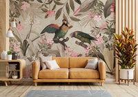 Lush tropical rainforest mural in vintage style