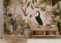 Lush tropical jungle mural bringing nature indoors.

