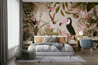 Enchanted jungle mural with lush leaves and wildlife theme.

