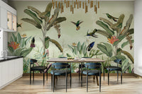 Vibrant jungle mural with monkeys and greenery

