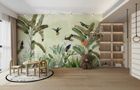 Bold tropical jungle mural with lush green plants

