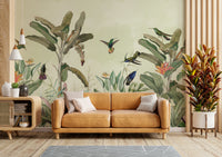 Wild jungle mural with lush greenery and animals

